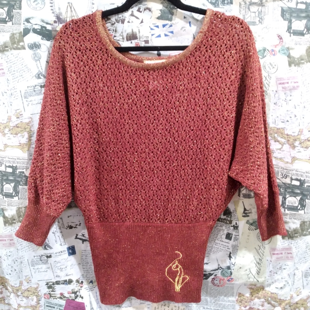 Baby Phat gold metallic threads loose stretchy knit dolman sleeve red/orange top